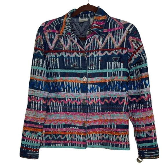 CHICO’S “SCRAP ART FABRIC” JEAN JACKET - Picture 5 of 9